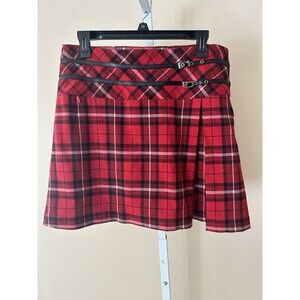 Vtg IZOD Red TARTAN PLAID Gold Buckle KILT School Girl Skirt 10 Preppy Flex
